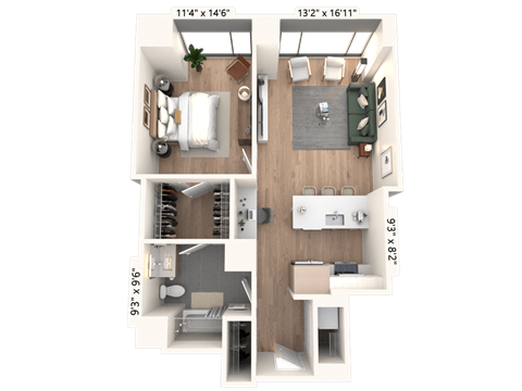 Floor plan for 1 bed, 1 bath, 775 sqft